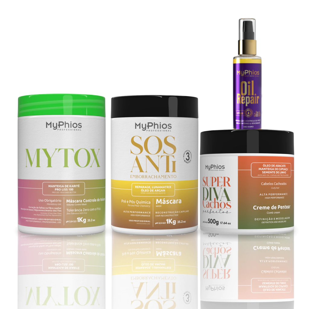 Combo MyTox 1kg + Máscara SOS 1kg + Creme de Pentear Cachos Perfeitos 500ml + Oil Sunflower 60ml