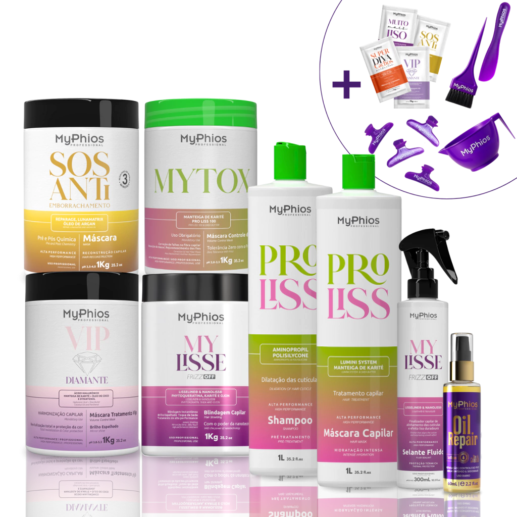 Combo Fabiana Steffens - ProLiss 1L, MyTox 1kg, SOS 1kg, VIP Diamante 1kg, Blindagem MyLisse 1kg, Protetor Térmico MyLisse, Oil Sunflower 60ml + Presentes